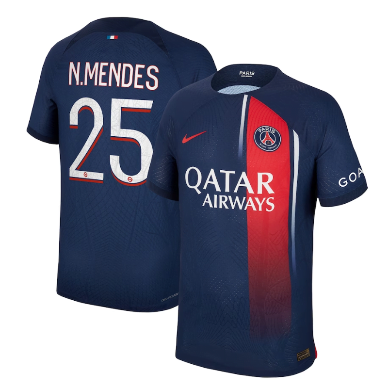 Paris Saint-Germain Nike Home Dri Fit Adv Match Shirt 2023-24 with N.Mendes 25 printing