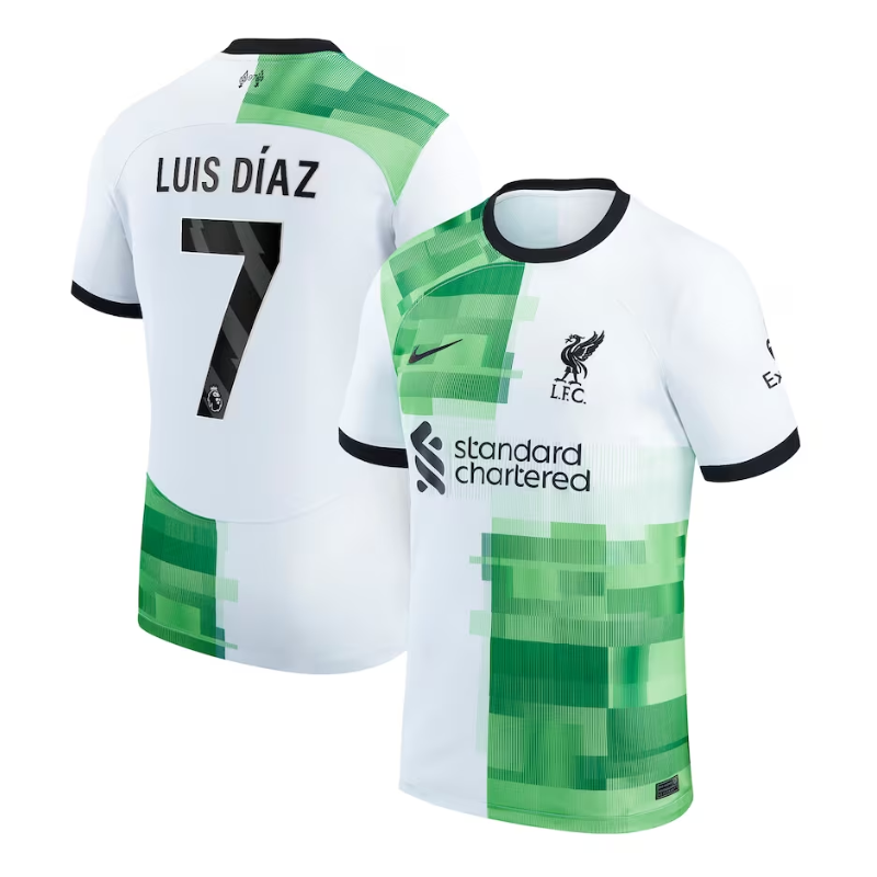 Liverpool Nike Away Shirt 2023-24 with Player Luis Díaz 7 printing Jersey - White